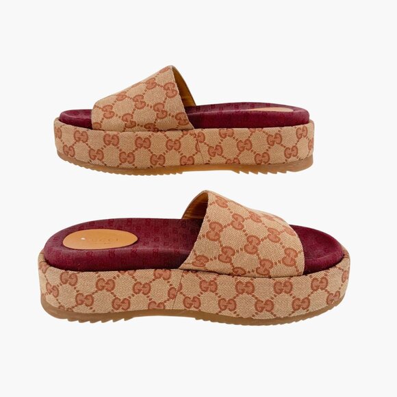 Gucci Angelina Platform Slide Sandals EU 39 US 9 Beige GG Monogram Logo Canvas - Picture 9 of 11
